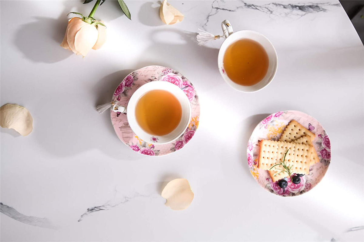 4x / set gemerkt vintage /retro porselein kopjes en schoteltjes wit met bloemen / rozen antiek- gouden rand - Kop en schotels