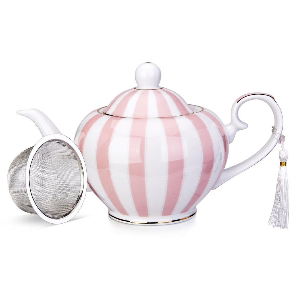 London Boutique teapot with Infuser - Tea Pot infusers for Loose Tea -700ml Capacity Perfect 2 Cup teapot -Easy Grab Handle Teapots (Pink Strips)