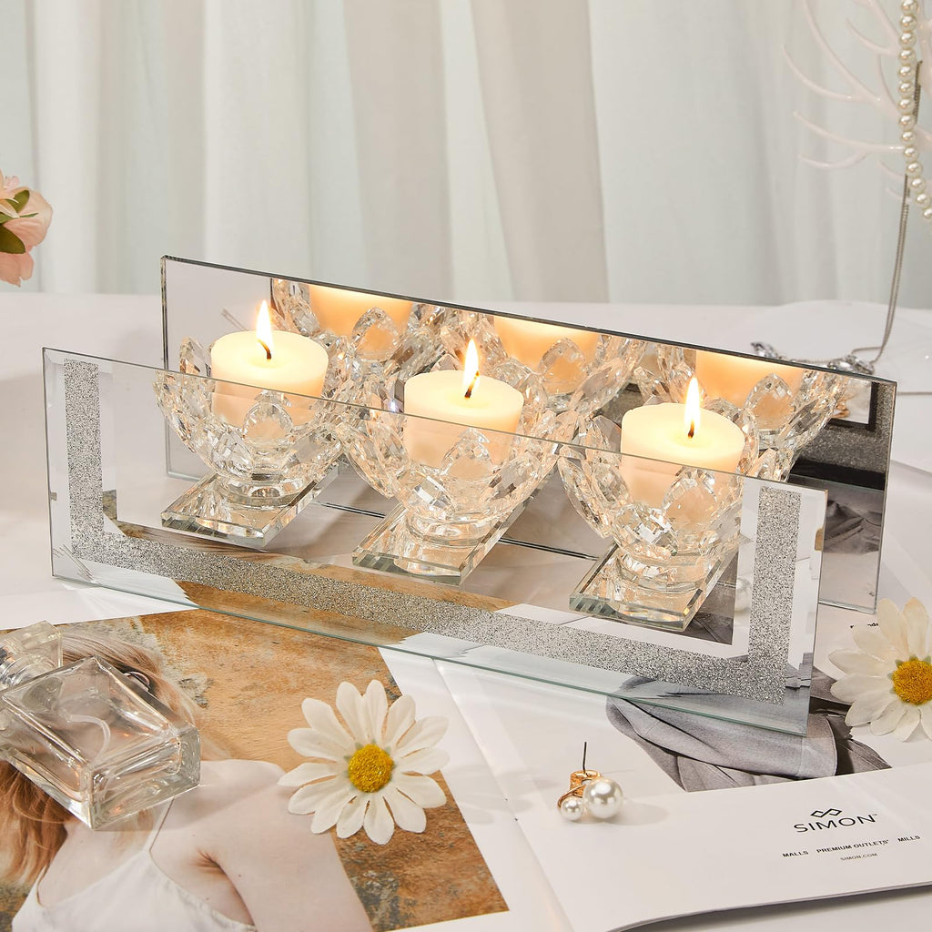 London Boutique Mirrored Candle Holder for 3 Candles – Sparkling Silver Frame with K9 Crystal Holders, Luxury Glass Tea Light & Votive Display Stand, Home Décor & Gift Idea (Lily Flower Cups)