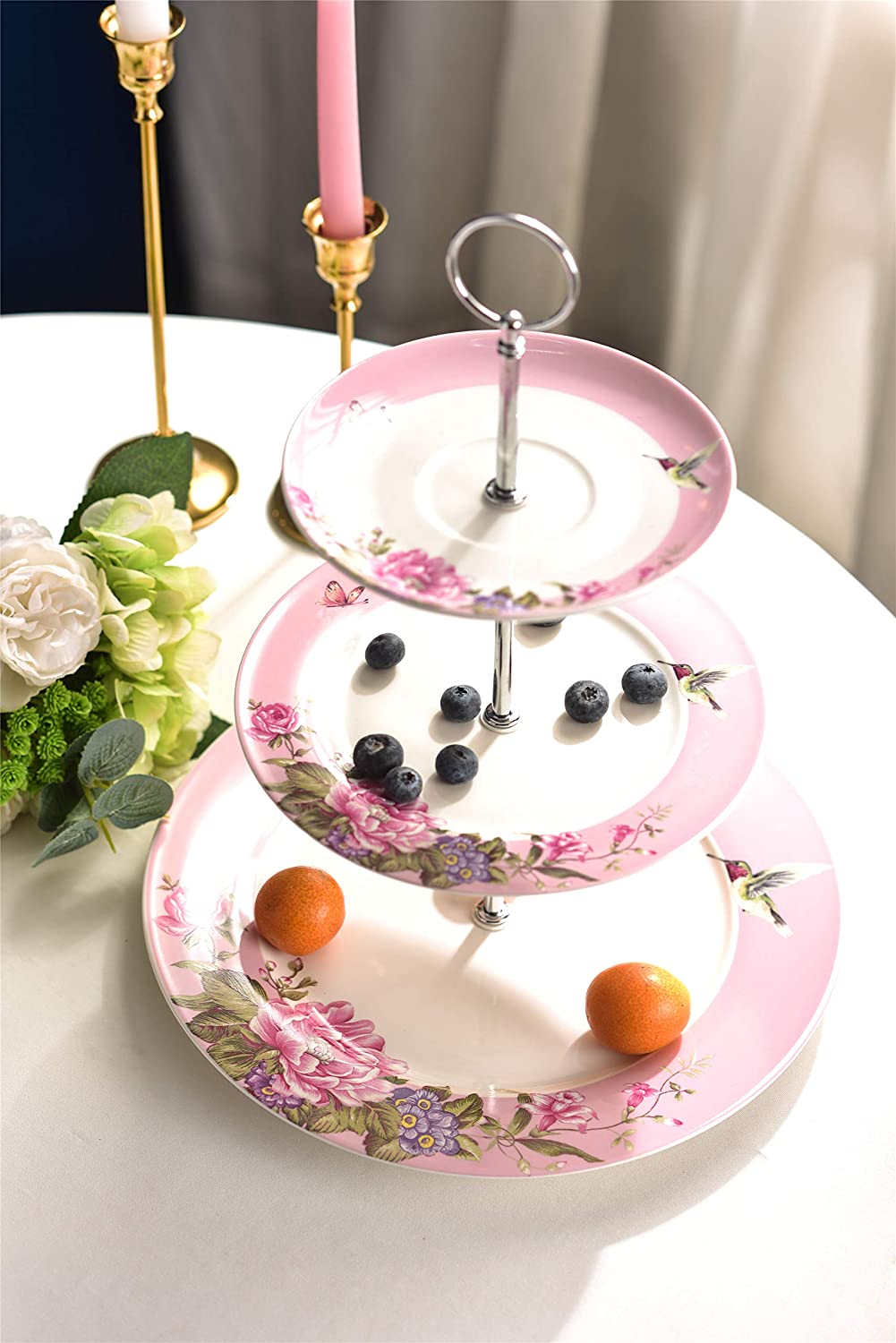 London Boutique 3 Tiered Cake Stands Afternoon tea Porcelain Bird Rose ...