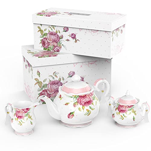 London Boutique Large Teapot Milk Jug Sugar Bowl Afternoon Tea Set Teapots Set New Bone China Vintage Flora Gift Box 1300ml (Whole Set)