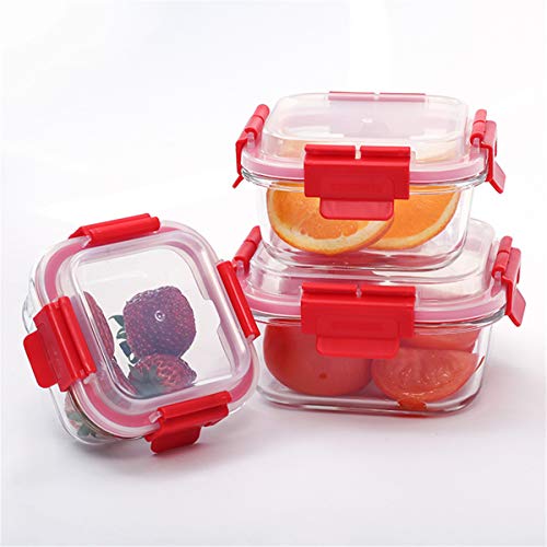 London Boutique Food Storage Container Lunch Box Premium Glass Smart Lock Lids Air Tight BPA Free Leaking Proof Set 3 Square and Rectangular (Red Square)
