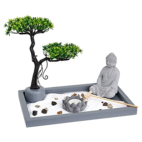 London Boutique Zen Garden Thai Buddha - Candle Holder -White Sand - Decorative Stones - Wooden Shovel - Rectangular Base