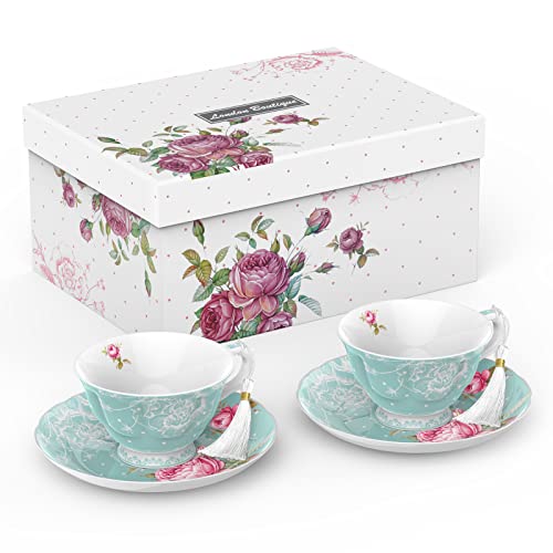 London Boutique Tea Cup and Saucer Set 2 Afternoon Tea Set New Bone China Vintage Flora Gift Box 200m (Turquoise)