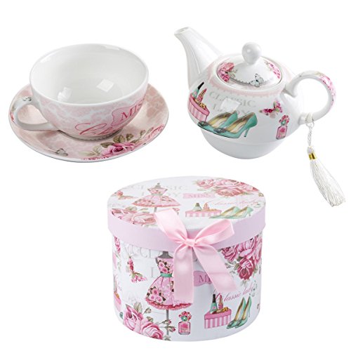 Tea for One Teapot Cup suacer Set Vintage Flora Rose Lavender Porcelain Gift Box (Classic Lady)