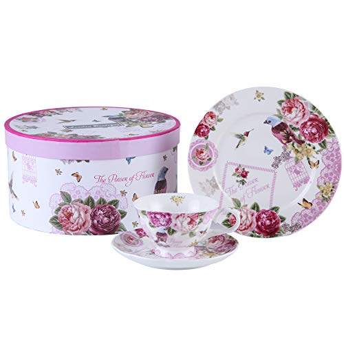 London Boutique Afternoon Tea Set 3 Coffee Tea cup and Saucer Dessert Plate Shabby Chic Vintage porcelain Gift Box (Bird Rose Butterfly)