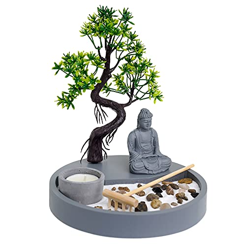 London Boutique Zen Garden Thai Buddha - Candle Holder - White Sand - Decorative Stones - Wooden Shovel - Round Base
