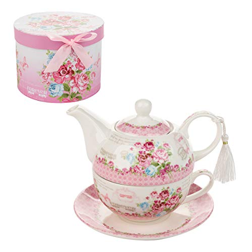 London Boutique Tea for One Teapot Cup suacer Set Vintage Flora Rose Lavender Porcelain Gift Box (Shabby Chic Rose)