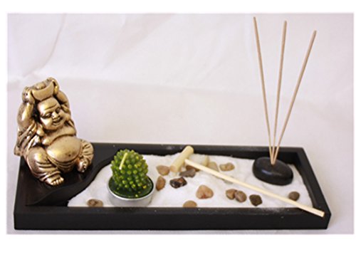 London Boutique Zen Garden laughing Buddha Ornament Statue Candle Holders Natural Stone Rattan Incense rake Gift Set (Laughing Buddha HY198)