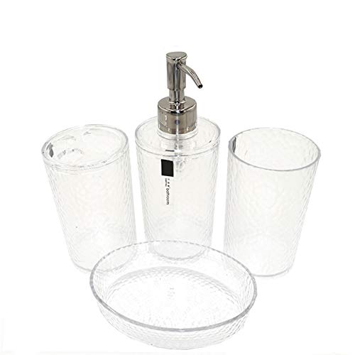London Boutique 4 Pieces Bathroom Accessory Set Clear Soap Dispenser Toothbrush Holder Tumbler Soap dish (Clear White)