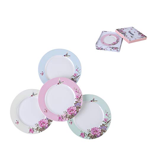 London Boutique Porcelain Side Dessert Plates 7 Inches Wide Rimmed Shabby Chic Vintage Bird Butterly Floral set 4 in Gift box (1 Set)