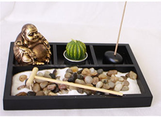 Set Ornamentale Testa Di Buddha Con 4 Portacandele In Vetro – Stile Giardino Zen Thai, Base In Legno E Pietre Naturali, Statua 14x7 Cm, Lumini Inclusi