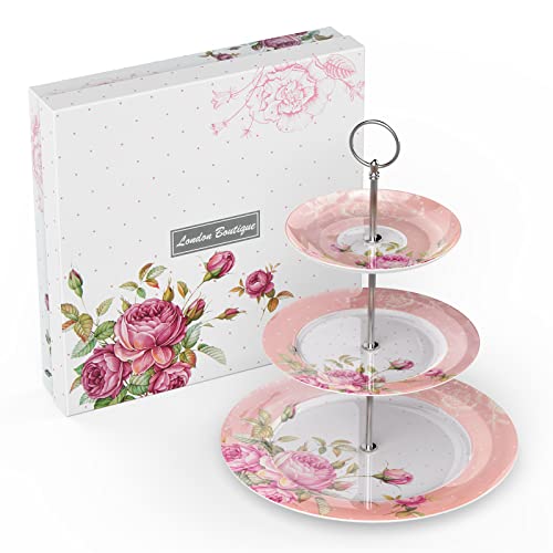 London Boutique 3 Tier Cake Stands Afternoon Tea Cake Stand Plates New Bone China Vintage Flora Gift for Her (Pink)