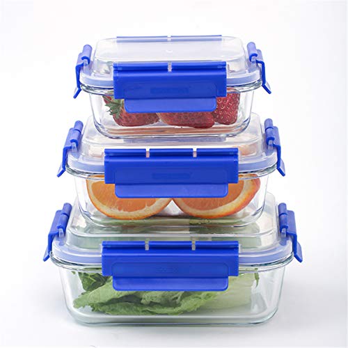 London Boutique Premium Glass Food Storage Container Lunch Box with Lids Air Tight BPA Free Leaking Proof Set 3 Square and Rectangular Shape (Blue Rectangular)