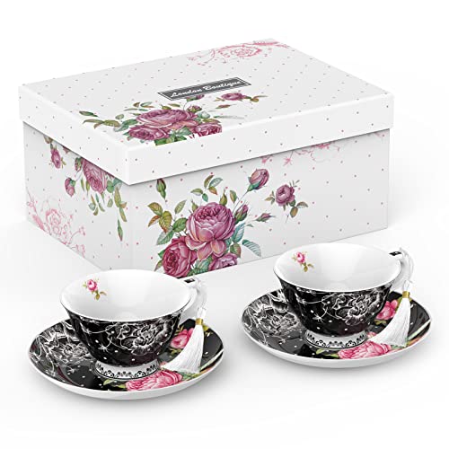 London Boutique Tea Cup and Saucer Set 2 Afternoon Tea Set New Bone China Vintage Flora Gift Box 200m (Black)
