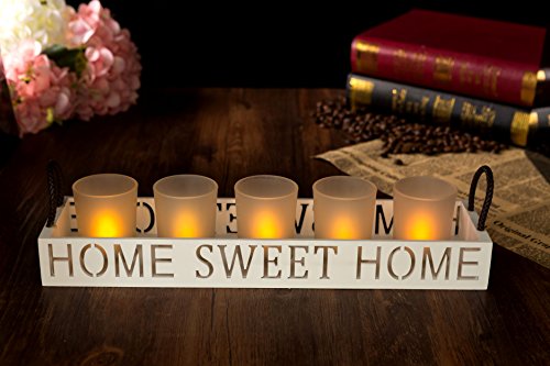 London Boutique Set 5 Tea Light Candle Holder Home Sweet Home with White Wooden Tray in Gift Box (Home Sweet Home Set 5)