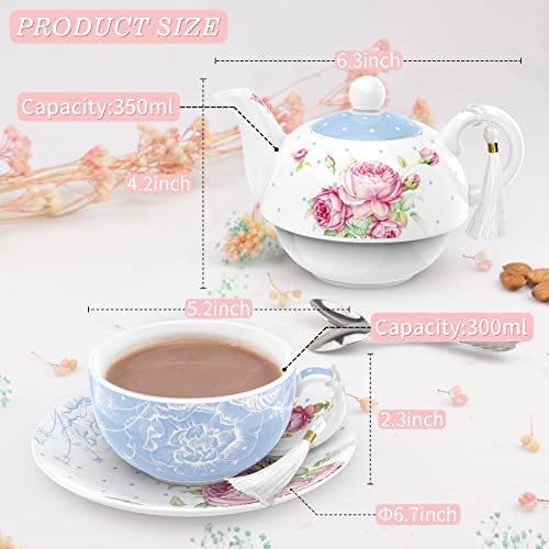 London Boutique Tea for One Teapot Teacup Saucer Set Afternoon Tea Set for 1 New Bone China Vintage Flora Gift for Women 350m (Blue)