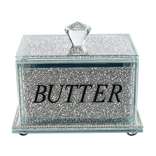 London Boutique Crystal Large Butter Dish Sparkle Crushed Diamond Filled Silver Metal Frame