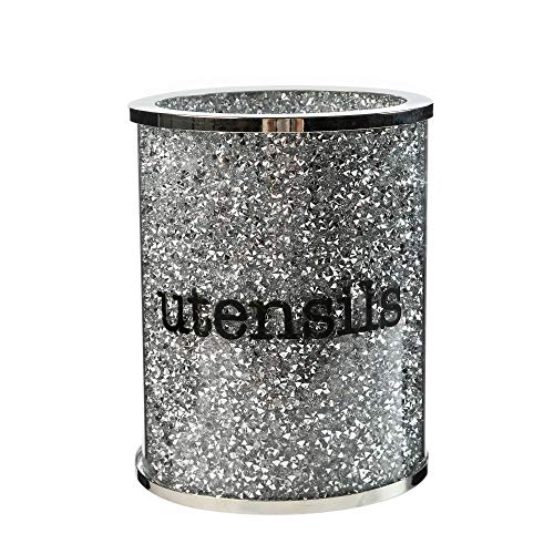 Crystal Utensil Holders Sparkle Crushed Diamond Filled Silver Metal Frame Round Cylinder 6.3 Inches Height Gift Box