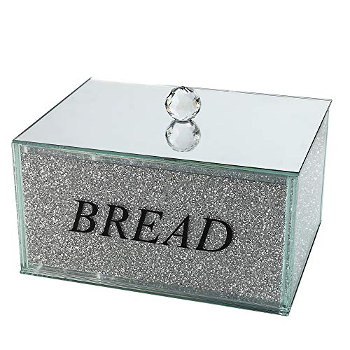 London Boutique Crystal Extra Large Bread Bin Canister Storage Jar Large Sparkle Crushed Diamond Filled Silver Metal Frame Square Shape 8.6 Inches Height Gift Box