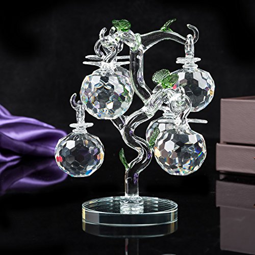 London Boutique Decorative Crystal Glass Apple Tree 6 Crystal Clear Multi Coloured Apples Giftware Present Blue Gift Box (Clear)