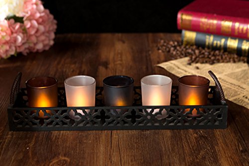 London Boutique Tea Light Candle Holder Set 5 in Black Wooden Tray Gift LED Candles Set (Black tray Set 5)