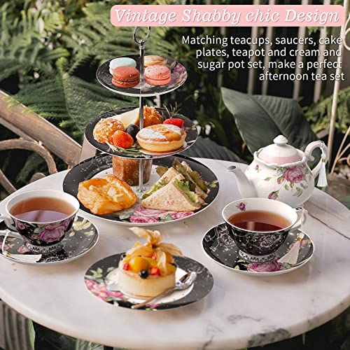 London Boutique 3 Tier Cake Stands Afternoon Tea Cake Stand Plates New Bone China Vintage Flora Gift for Her (Black)