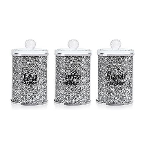 London Boutique Crystal Canister Tea Coffee Sugar Storage Jar Large Sparkle Crushed Diamond Filled Silver Metal Frame Square Shape 5.1 Inches Height Gift Box