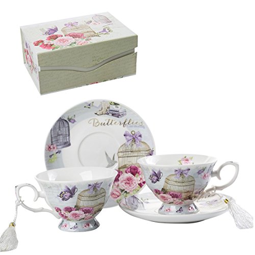 Coffee Tea Cup and Saucer Set 2 Shabby Chic Vintage Flora Porcelain Set Gift Box (Lalic Summer Garden)