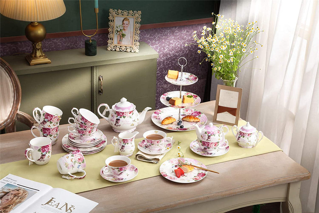 Christmas New Year Family Party Set Special 3 Tier Cake Stand Teapot Milk Jug 4 Cups 4 Saucers (Bird Rose)