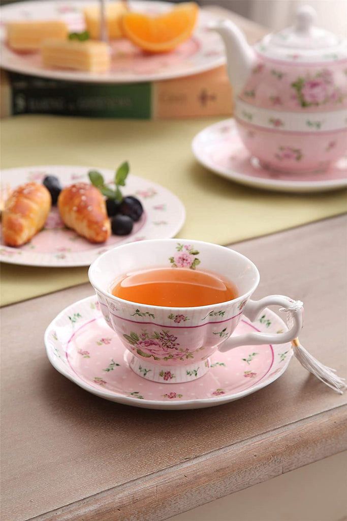 Coffee Tea cups and Saucers set of 2 Vintage Flora Rose Lavender Porcelain Gift Box (Rose Pink 1pc Set)