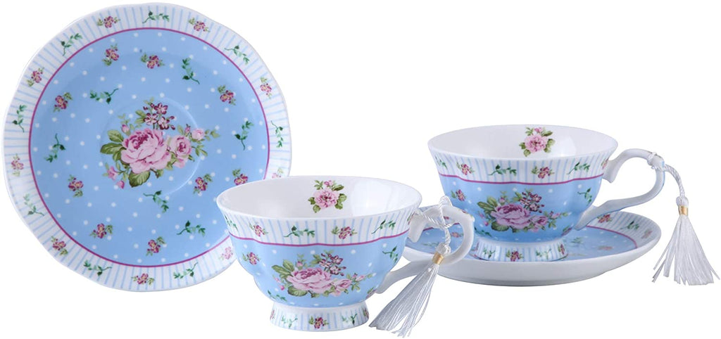 Coffee Tea Cups and Saucers Set of 2 Vintage Flower Flora Rose Lavender Gift Box