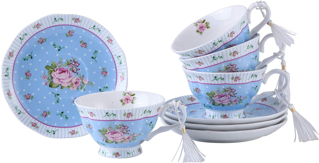 London Boutique Coffee Tea cup and Saucer set 4 Shabby Chic Vintage porcelain Bird Butterfly Flora Gift Box (Rose Blue)