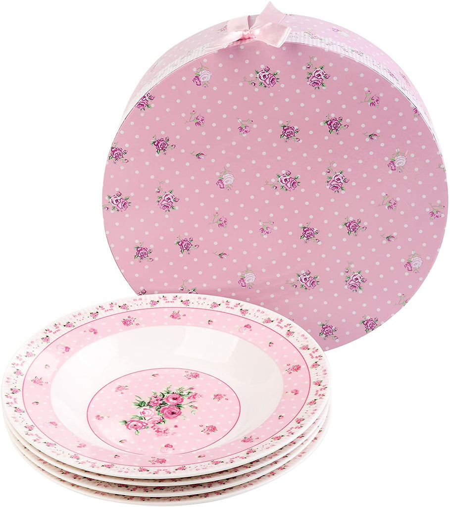 Porcelain Fine China Soup Pasta Bowls Wide Rimmed Set 4 Gift Box 9 inch 23cm (Rose Pink)