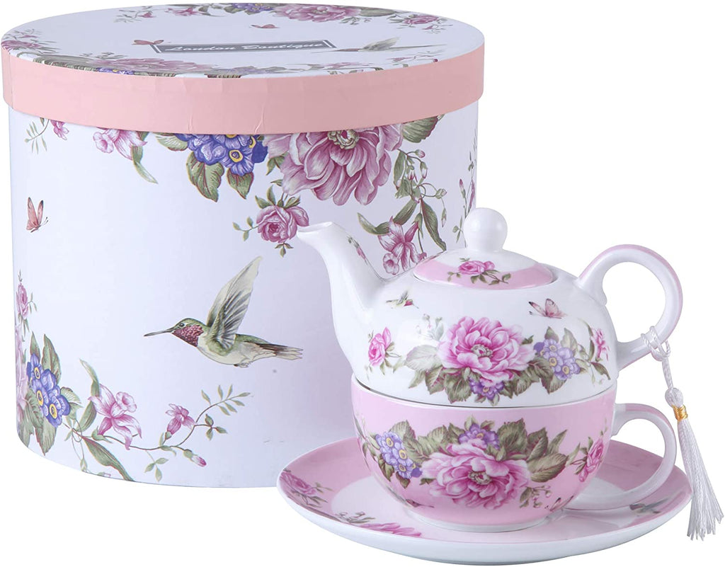 Tea for One Teapot Cup suacer Set Shaby Chic Flora Bird Rose Butterfly Porcelain Gift Box (Pink)