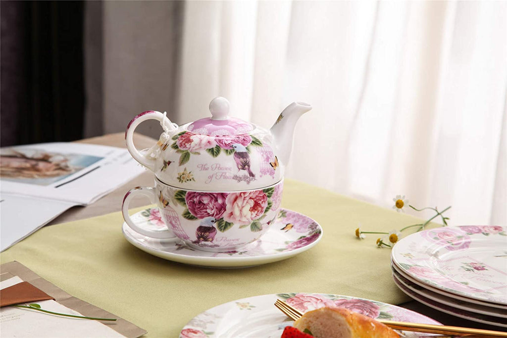 Tea for One Teapot Cup suacer Set Vintage Flora Rose Lavender Porcelain Gift Box (Bird Rose Butterfly)