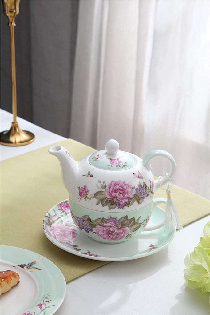 Tea for One Teapot Cup suacer Set Shaby Chic Flora Bird Rose Butterfly Porcelain Gift Box (Teal)
