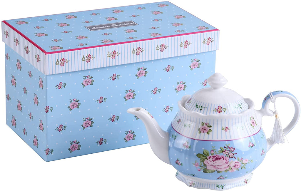 London Boutique Porcelain Teapot Sets Teapot Sugar Bowl and Cream Milk Jug Shabby Chic Vintage Floral in Gift box (Teapot Rose Blue)