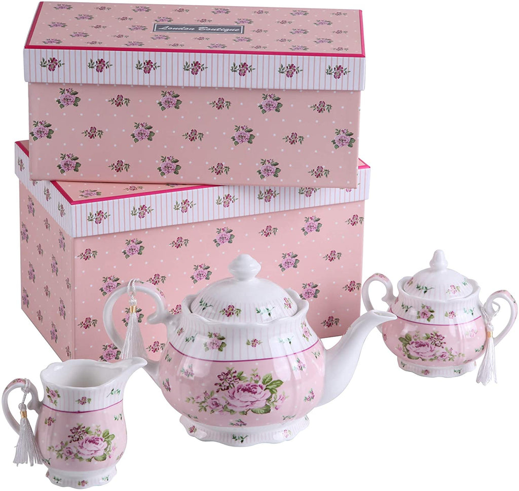 Porcelain Teapot Sets Teapot Sugar Bowl and Cream Milk Jug Shabby Chic Vintage Floral in Gift Box (Pink)