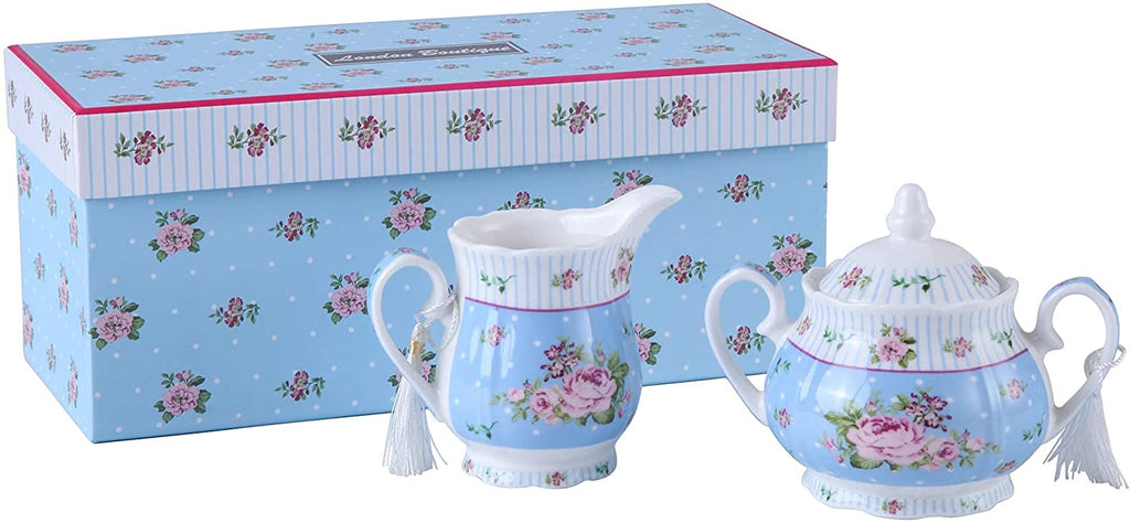 London Boutique Porcelain Teapot Sets Teapot Sugar Bowl and Cream Milk Jug Shabby Chic Vintage Floral in Gift box (Cream & Sugar Set Rose Blue)