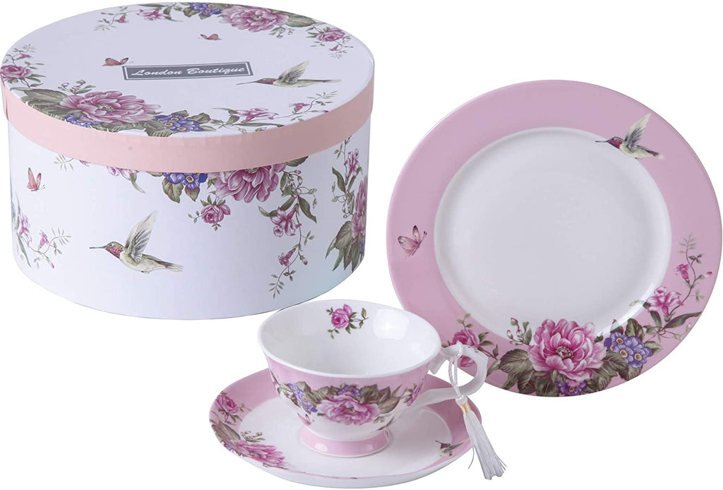 Coffee Tea Cup and Saucer 7.5" Dessert Plate Set 3 Shabby Chic Vintage Porcelain Bird Butterfly Floral Gift Box (Pink)