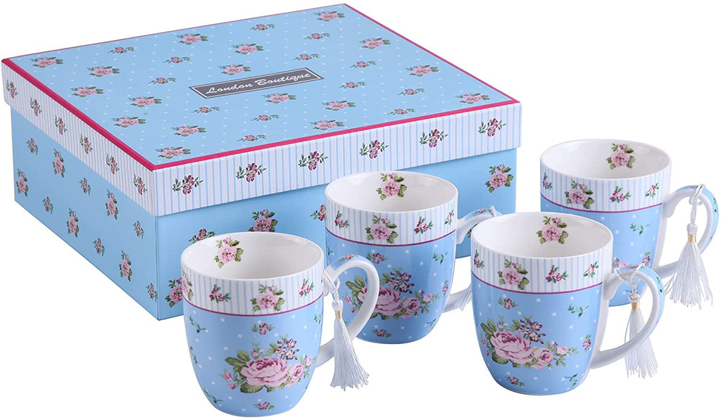 Cups Mugs Set 4 Fine China Shabby Chic Vintage Retro Design in Gift Box 330ML (Rose Blue)