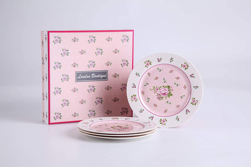 London Boutique Cake Plate Set 4 Porcelain Fine China Wide Rimmed Shabby Chic (Rose Pink)