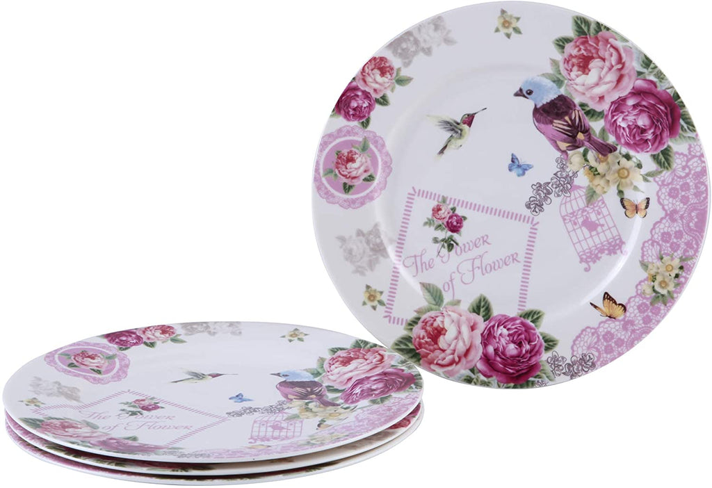 London Boutique Cake Plate Set 4 Porcelain Fine China Wide Rimmed Shabby Chic (Bird Rose Butterfly)