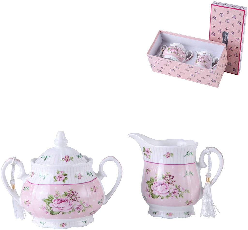 London Boutique Porcelain Teapot Sets Teapot Sugar Bowl and Cream Milk Jug Shabby Chic Vintage Floral in Gift box (Cream & Sugar Set Rose Pink)