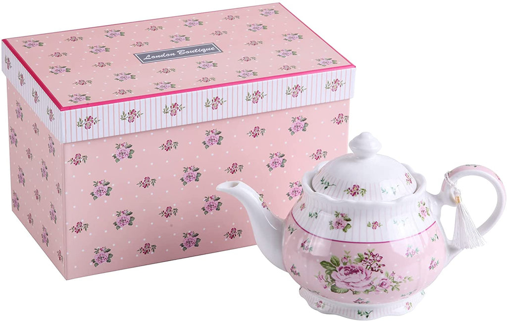 London Boutique Porcelain Teapot Sets Teapot Sugar Bowl and Cream Milk Jug Shabby Chic Vintage Floral in Gift box (Teapot Rose Pink)
