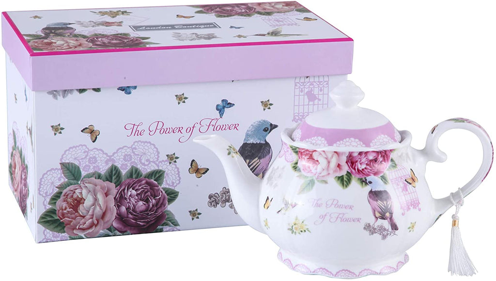 London Boutique Porcelain Teapot Sets Teapot Sugar Bowl and Cream Milk Jug Shabby Chic Vintage Floral in Gift box (Teapot Bird Rose Butterfly)